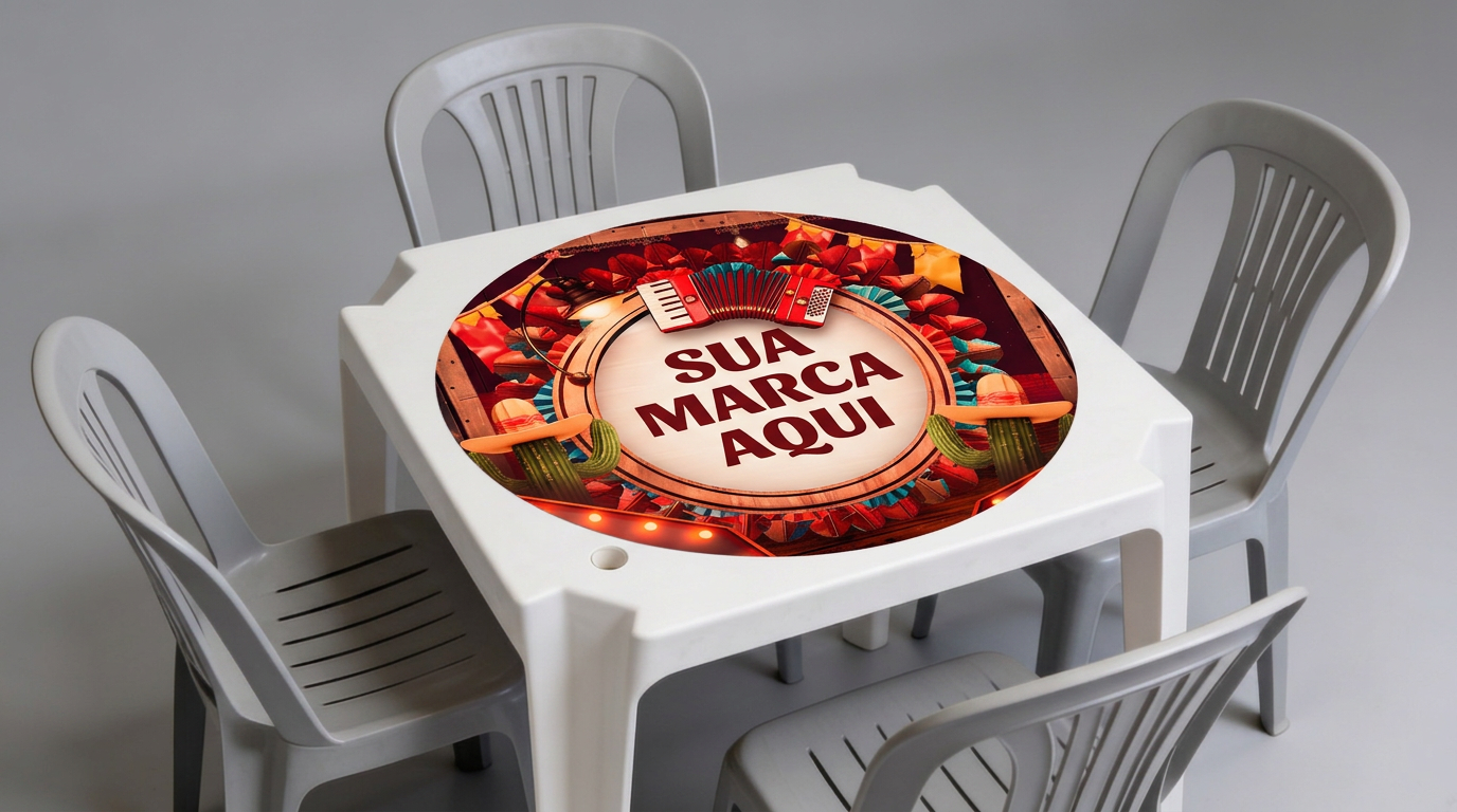 Adesivo personalizado nas mesas da praça de alimentação